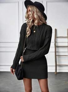 SHEIN Clasi 麻花編織落肩袖毛衣洋裝 - 黑色 - 查看 3