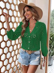 SHEIN VCAY Eyelet Embroidery Button Front Lantern Sleeve Blouse - Green - View 3