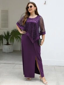 Nemidor Plus Contrast Sequin Split Thigh Dress - Purple - View 1