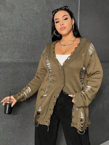 SHEIN EZwear Hơn Rách Frayed Thả vai Áo len Mở - xanh quân đội - Xem 5