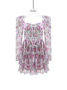 Enchnt 印花雞心領口羊腿袖洋裝 - 粉色 - 查看 7