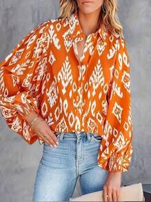 Plus Allover Print Lantern Sleeve Shirt - Orange - View 1