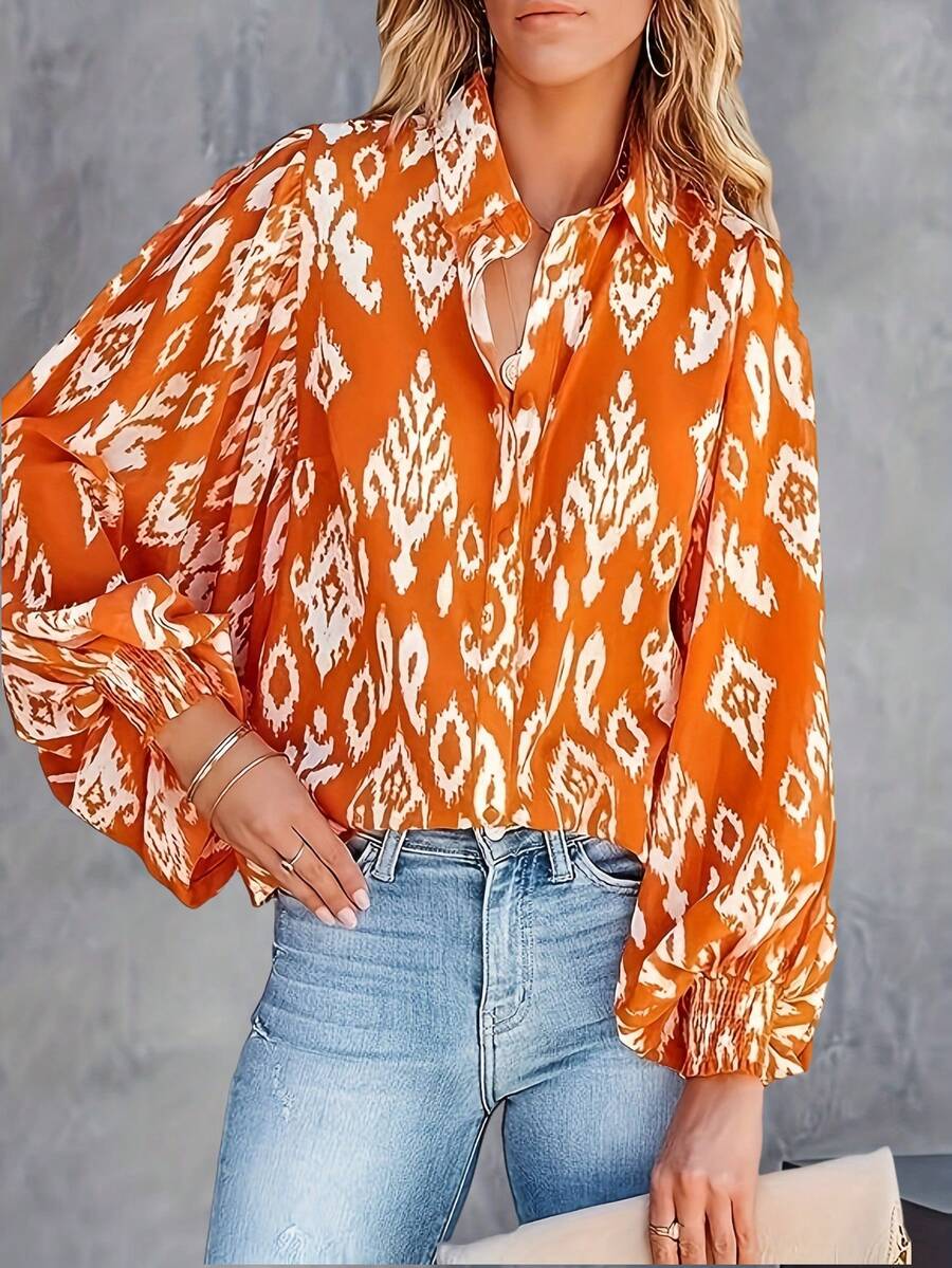 Plus Allover Print Lantern Sleeve Shirt - Orange - View 1