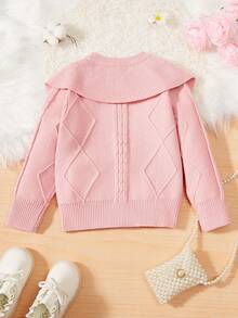 SHEIN Young Girl Statement Collar Pearls Beaded Cable Knit Sweater - Dusty Pink - View 2
