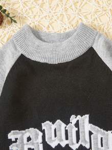 SHEIN Tween Boy Letter Pattern Raglan Sleeve Sweater - Grey - View 7