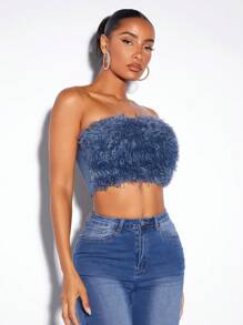 SHEIN BAE 素色毛茸茸抹胸上衣 - 藍色 - 查看 4