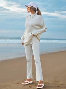 RueChic Mock Neck Drop Shoulder Split Hem Sweater & Knit Pants - Apricot - View 5