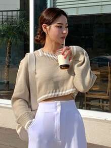 DAZY 条纹落肩短款毛衣、长袖上衣秋季 - 杏色 - 查看 4