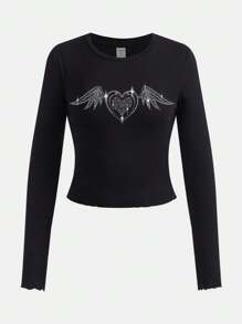 Teen Girl Simple Rhinestone Heart Pattern T-Shirt, Suitable For Spring And Autumn Wear - Black - View 1