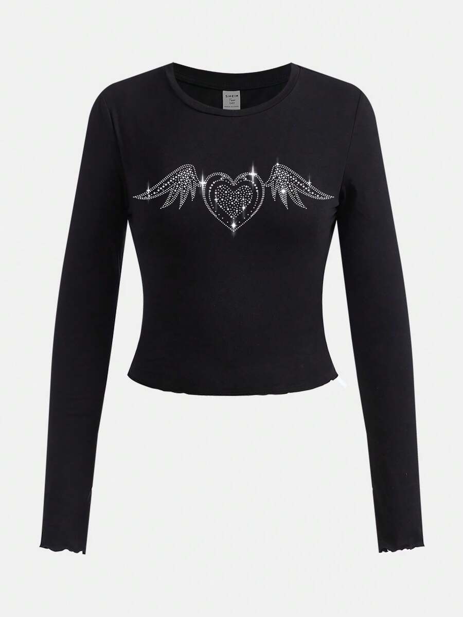 Teen Girl Simple Rhinestone Heart Pattern T-Shirt, Suitable For Spring And Autumn Wear - Black - View 1