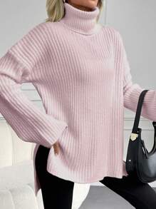EURMUSE Jersey cuello alto de hombros caídos bajo con abertura - Rosa - Ver 4