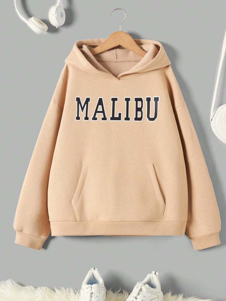 RueChic Teen Girl Letter Graphic Kangaroo Pocket Drop Shoulder Hoodie - Apricot - View 1