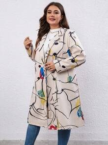 SHEIN LUNE Plus Graphic Print Lapel Neck Overcoat - Apricot - View 6
