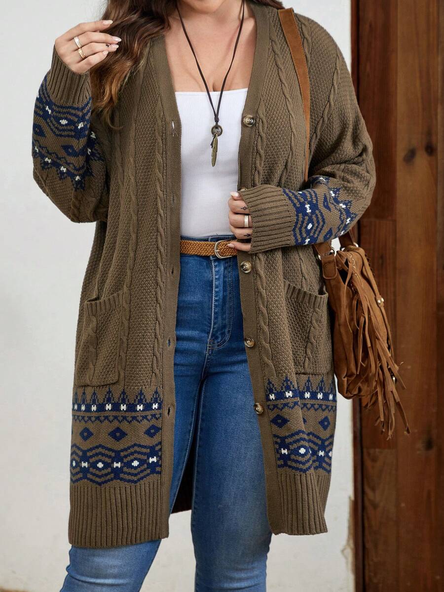 EMERY ROSE Hơn Mẫu Geo Túi Kép Thả vai Áo len Mở - màu nâu - Xem 1