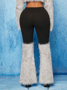 SHEIN SXY Pantalones acampanados de dos tonos de peluche panel - Multicolor - Ver 2