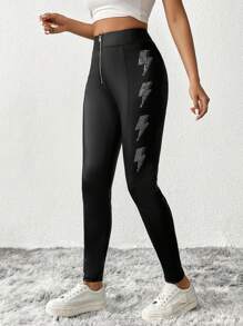 SHEIN Essnce Pha lê Đồ họa tia chớp Dây kéo phía trước Cạp da PU - màu đen - Xem 1