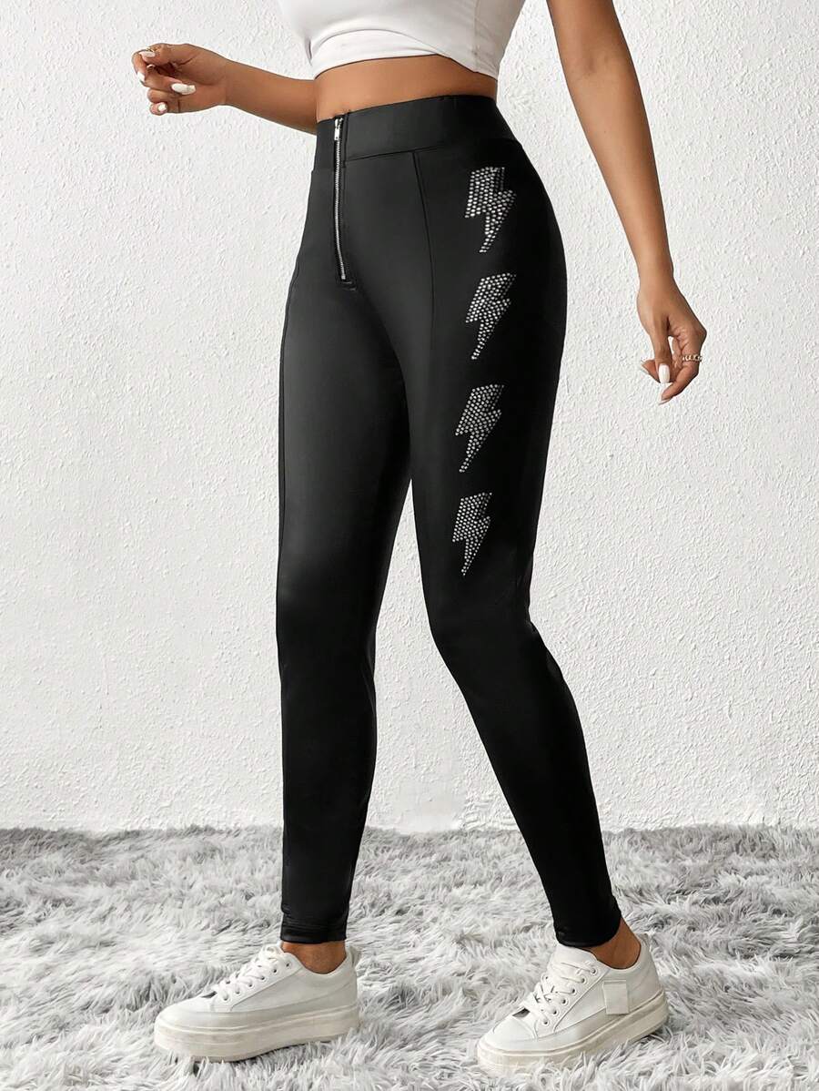 SHEIN Essnce Pha lê Đồ họa tia chớp Dây kéo phía trước Cạp da PU - màu đen - Xem 1