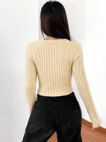 SHEIN EZwear Half Zip Raglan Sleeve Crop Sweater - Khaki - View 2