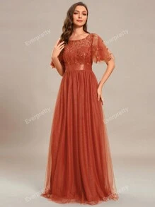 Flutter Sleeve Floral Sequin Dress Mesh Prom Formal Dress For Dinner Elegant Evening Dress Bridesmaid Dress For Wedding