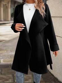 SHEIN LUNE Plus Solid Belted Overcoat - Black - View 3
