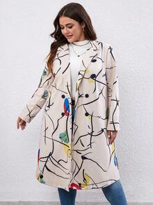 SHEIN LUNE Plus Graphic Print Lapel Neck Overcoat - Apricot - View 3