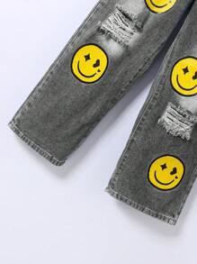 Tween Girl Expression Print Ripped Straight Leg Jeans - Black - View 8