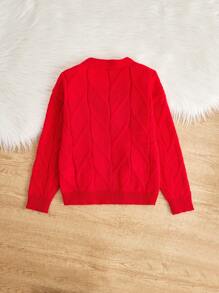 Tween Girl Christmas Tree & Letter Embroidery Drop Shoulder Cable Knit Cardigan - Red - View 2