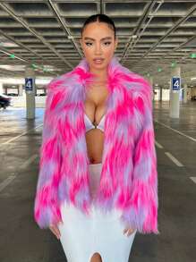 SHEIN SXY 色塊開衩前短毛絨外套,派對穿搭必備 - 玫紅色 - 查看 4