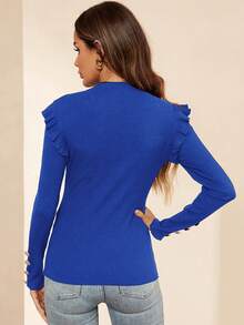 SHEIN Clasi 紐扣細節荷葉邊T恤 - 寶藍色 - 查看 2