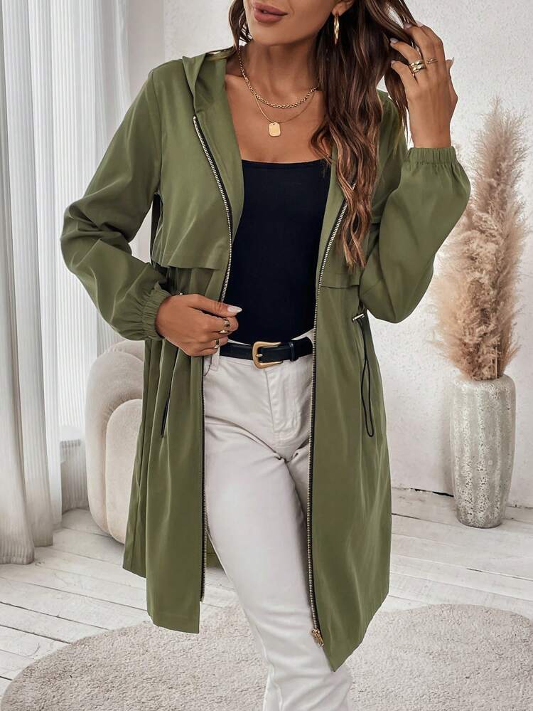 Drawstring Waist Zip Up Hooded Trench Coat Fall Cloth For Women