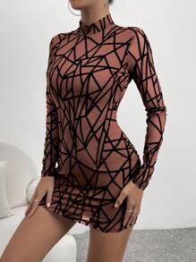 Chiquease Geo Print Mock Neck Bodycon Dress - Brown - View 4