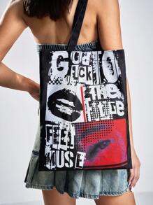 SHEIN ICON Fashionable Black Shoulder Bag With Letter Print For Storage - Black - View 9