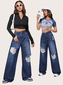 SHEIN Ripped Wide Leg Jeans - Dark Wash - View 6