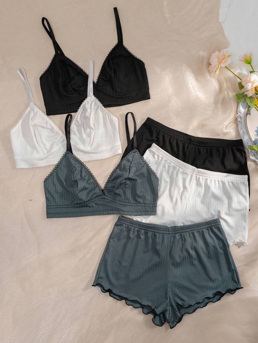 3sets Solid Bra & Boyshorts Lingerie Set - Multicolor - View 1