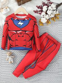 SHEIN 男童卡通圖形緊身t-shirt和褲子睡衣套裝 - 彩色 - 查看 1