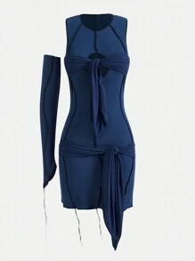 SHEIN X Danna Paola SIN7 Cut Out Knot Front Contrast Stitch Bodycon Dress - Dusty Blue - View 1