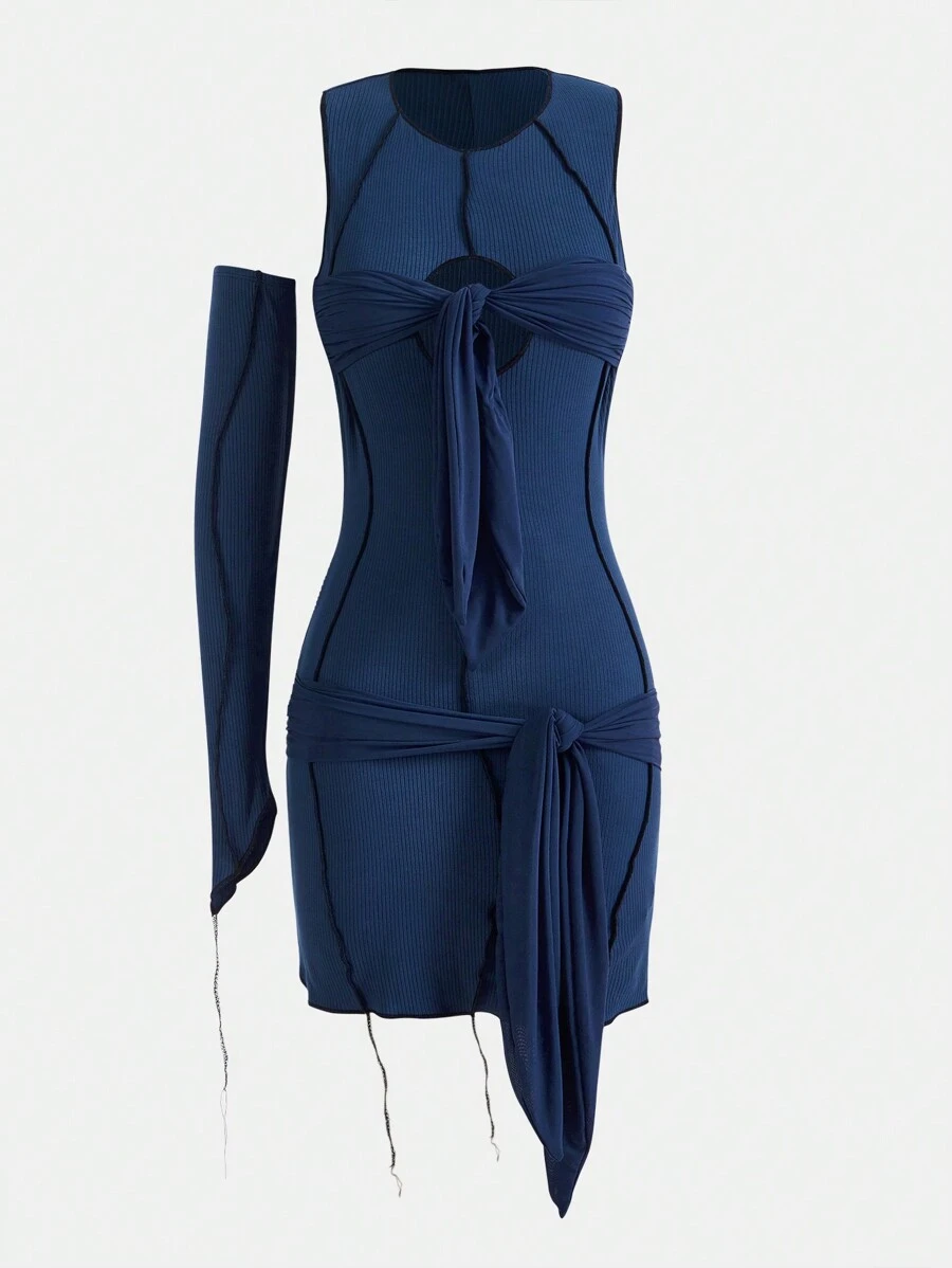 SHEIN X Danna Paola SIN7 Cut Out Knot Front Contrast Stitch Bodycon Dress - Dusty Blue - View 1