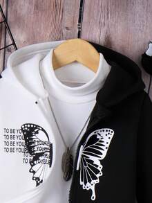 SHEIN 女小童雙色蝴蝶和標語圖案連帽夾克 - 黑與白 - 查看 5