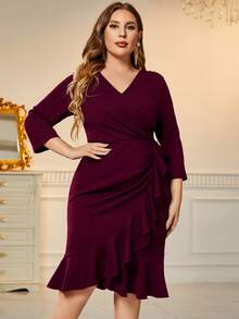 MIUSOL Plus Elegant V-Neck Ruffle Hem Wrap Hem Cocktail Party Fitted Dress Wedding Guest Dress - Burgundy - View 6