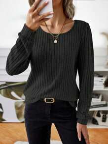 SHEIN LUNE Camiseta unicolor de manga farol tejido de canalé - Negro - Ver 4