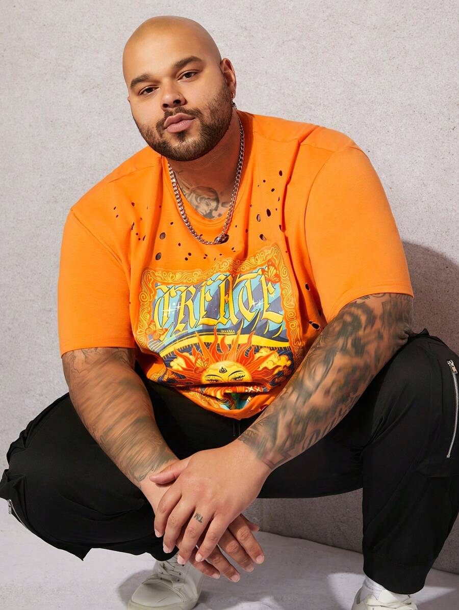 GENTILAND Men Plus Size Sun & Letter Graphic Hollow Out Tee - Orange - View 1