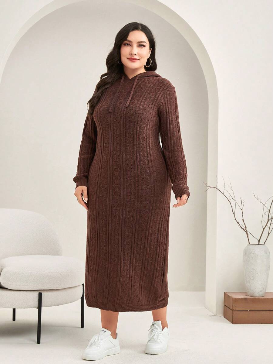 Mulvari Plus Drop Shoulder Drawstring Hooded Sweater Dress - Coffee Brown - View 1
