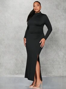 SHEIN BAE 大碼煙囪領高衩洋裝 - 黑色 - 查看 3