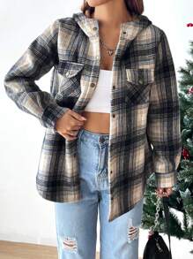 SHEIN EZwear 格紋印花翻蓋口袋連帽外套 - 彩色 - 查看 1