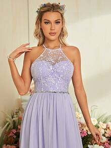 Vestido de dama de honor con lentejuela en contraste aplique de gasa - Lila Púrpura - Ver 4