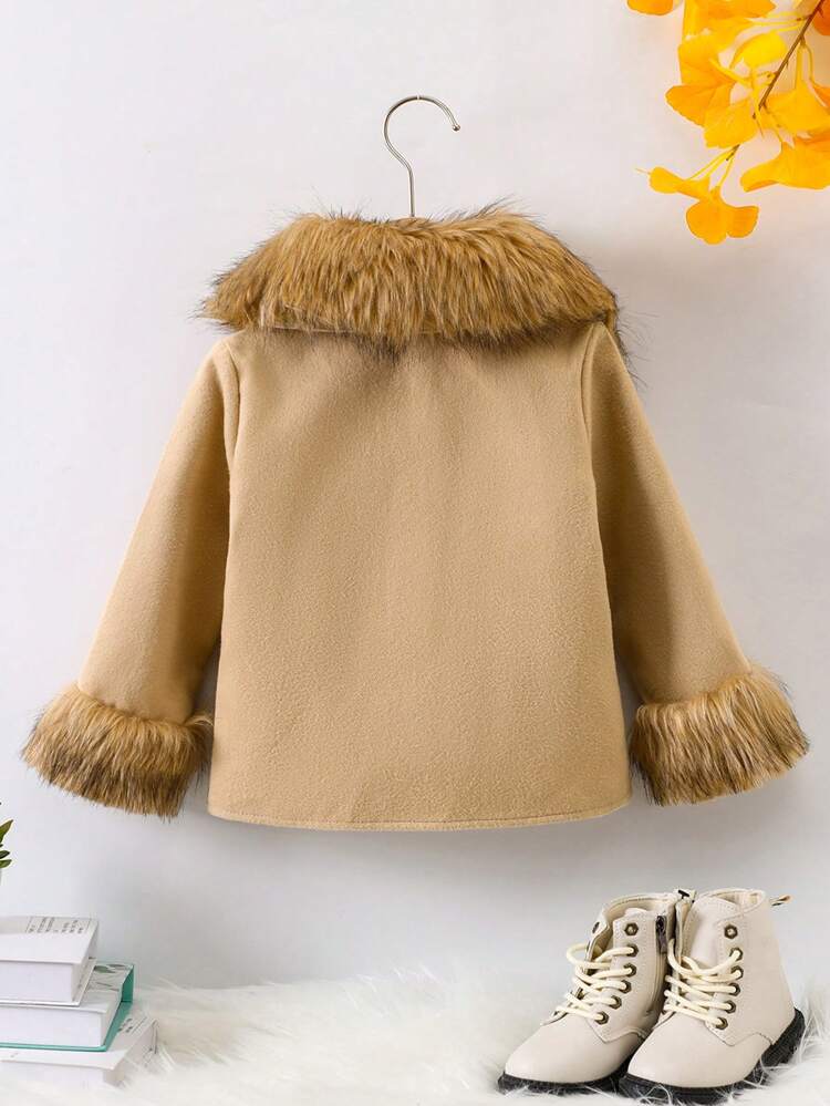 Young Girl Fuzzy Trim Hooded Flap Detail Overcoat Without Sweater