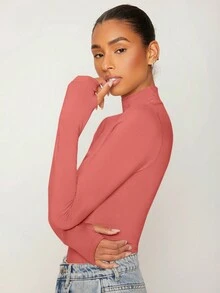 SHEIN BASICS 素色小高領拇指孔T恤 - 藕粉色 - 查看 5