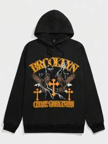 ROMWE MEN Goth 男士老鷹及字母圖案帶拉鍊連帽衫 - 黑色 - 查看 1