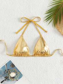 Swim EVENT Summer Beach Metallic Triangle Bikini Top - Gold - View 6