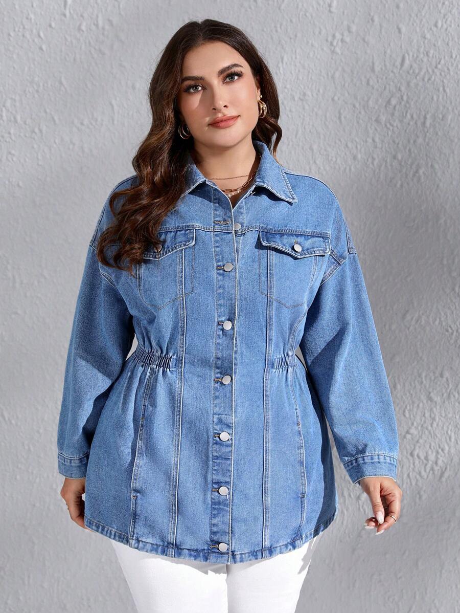 SHEIN Privé Hơn Thả vai Túi có nắp Áo khoác denim - Màu xanh lam - Xem 1